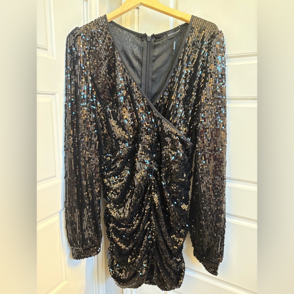 PrettyLittleThings Black Sequin Longsleeve Mini Dress Size US 12